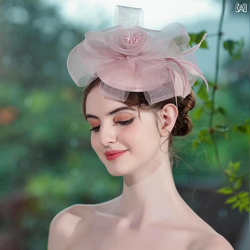 レディース 礼帽 網紗 花柄 羽毛 ピンク レトロ フレンチ イブニングパーティー スタジオ撮影 ヘッドアクセサリー プラスチック ヨーロッパスタイル かわいい 華やか 軽量 春夏