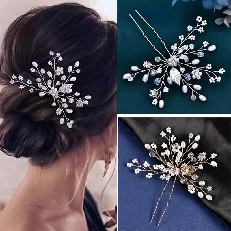 ヘアアクセサリー レディース ウェディング ハンドメイド フラワー パール 葉モチーフ U型 ヘアフォーク アップヘア ピン メタル シルバー ゴールド