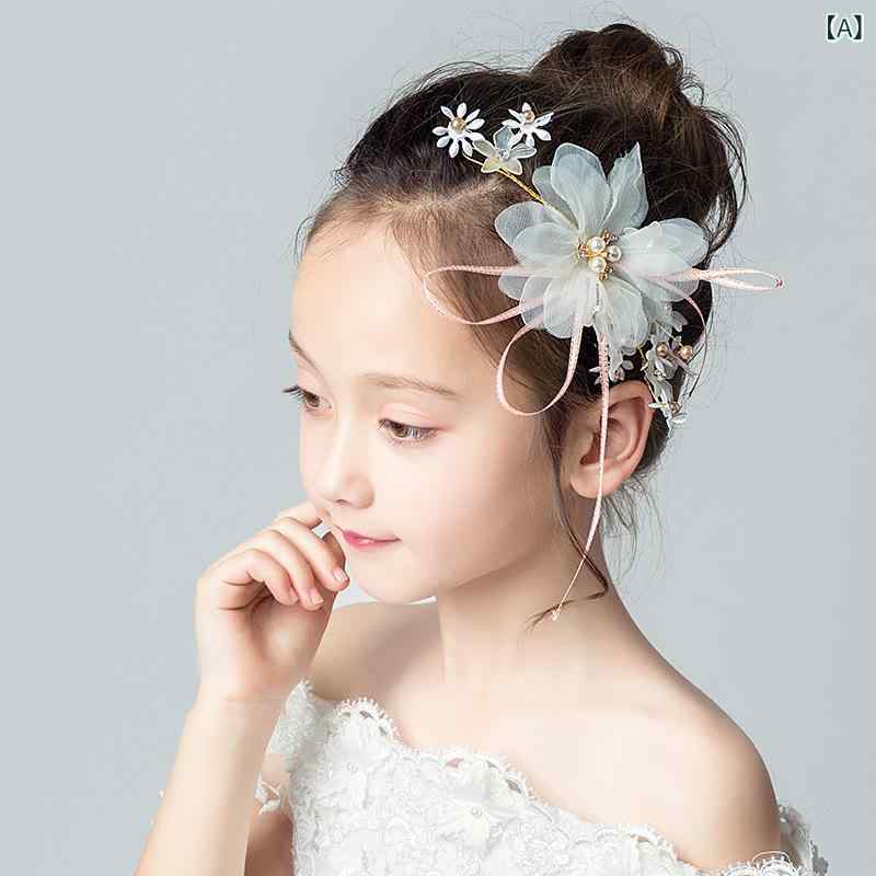 ヘアバンド カチューシャ 女の子 子供用 プリンセス 花飾り ピンク 白 パール リボン チュール 布地 韓国 ステージアクセサリー かわいい ヘアアクセ