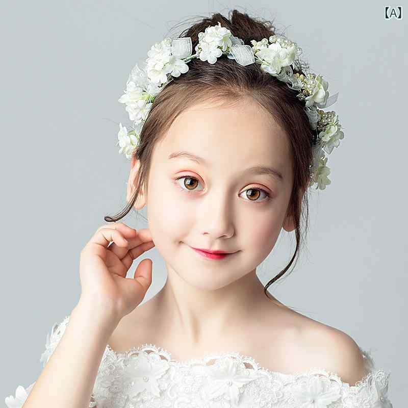 女の子 ヘッドバンド カチューシャ 花 プリンセス かわいい 白 布製 パール 水晶 蝶結 リボン フリンジ 網 誕生日 演出 写真用 アクセサリー ヘアアクセ