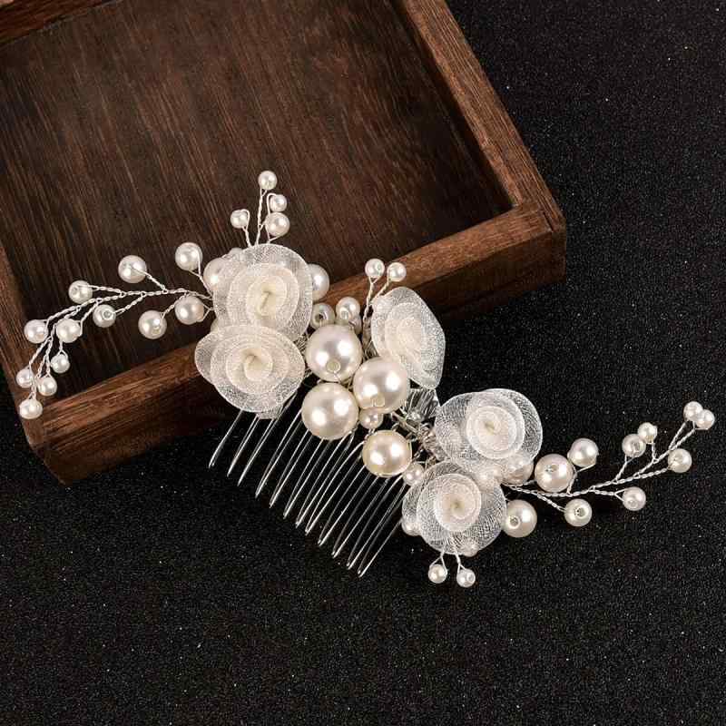 ヘアアクセサリー レディース 結婚式用 手作り パール 花モチーフ 編み込み 挿し櫛 白 春 欧米風 ブライダル 華やか ギフト向き