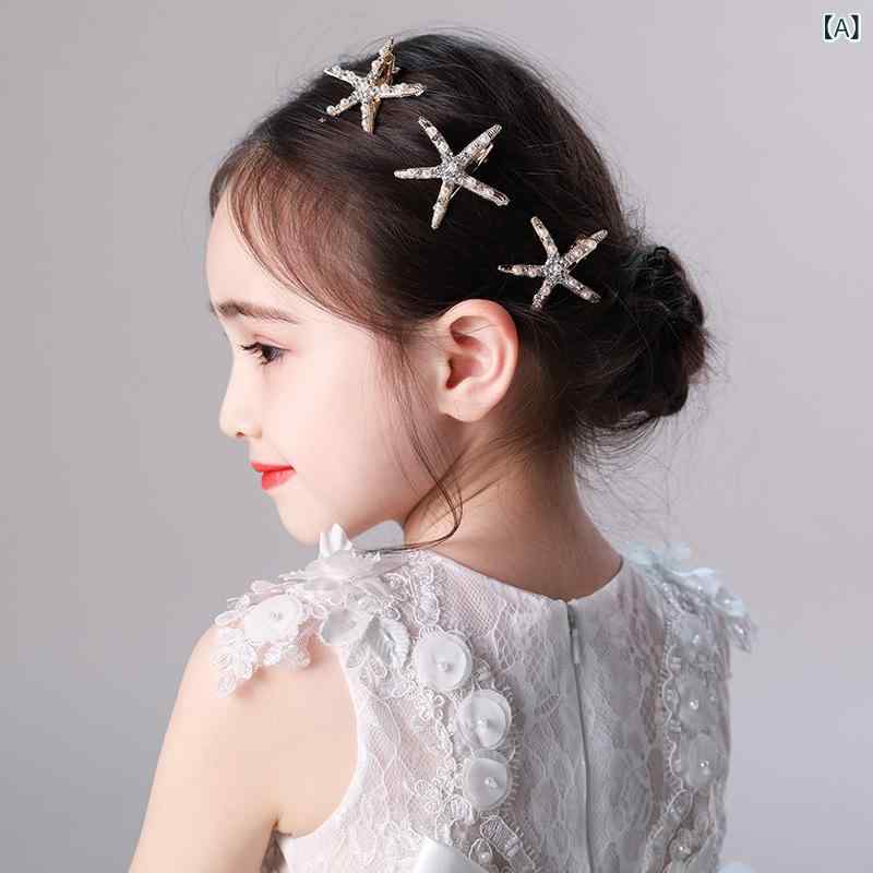 ヘアアクセサリー 女の子 海星 ヘアクリップ 星形 プリンセス 韓国 合金 白水晶 パール ラインストーン 手作り 誕生日ギフト キッズ 頭飾 発卡...