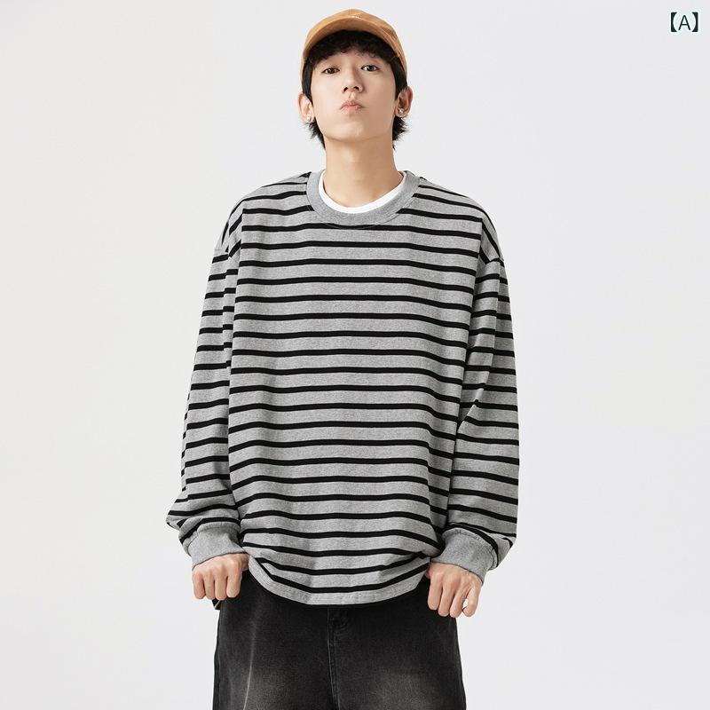 トレーナー メンズ レディース 男女兼用 ユニセックス カップル ペア 春秋 綿 コットン 長袖 クルーネック 丸首 ストライプ 香港風 ト..