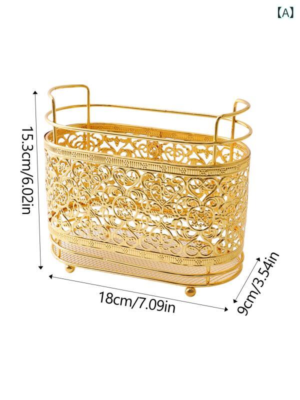 収納筒 金属製 多機能 ペン立て カトラリー立て メイクブラシ立て 文具収納 オフィス収納 ゴールド 花..