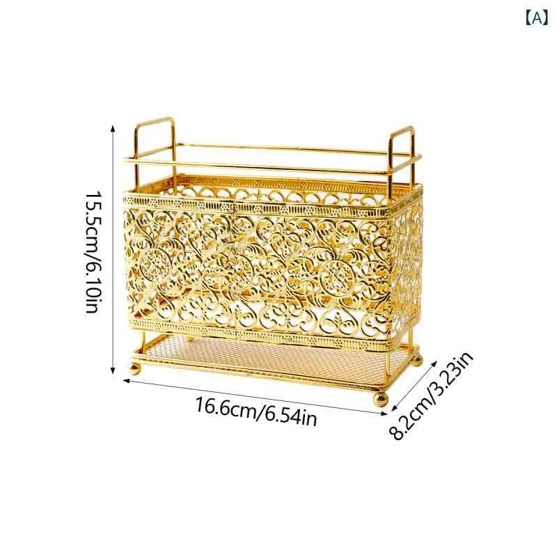 収納筒 ペン立て 食器筒 化粧筆ラック オフィス収納 多機能 鉄製 木底 花柄縁 長方形 金 黒 モダン シ..