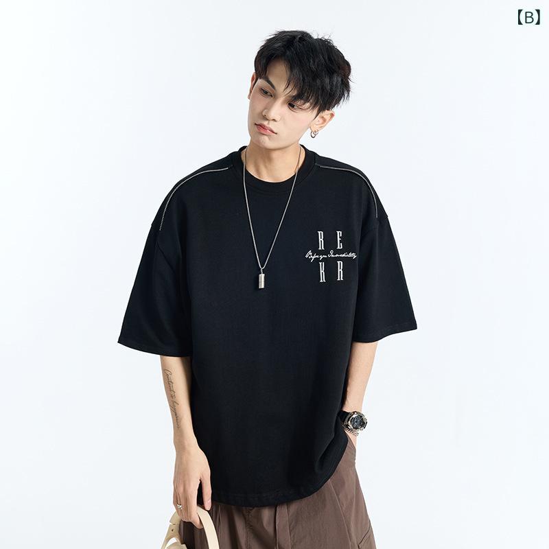 Tシャツ メンズ 半袖 夏 ゆったり 綿 カジュアル プリント アルファベット柄 普段使い 通気性 吸湿速乾 ノンアイロン 白 黒 ブラウン