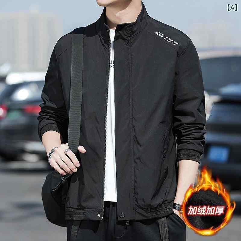 ジャケット 男性用 韓国 厚手 冬用 通気性 ポリエステル スタンドカラー スリムフィット ジップアップ ロングスリーブ サイドポケット プリント ノーアイロン カジュアル レジャー 黒 緑 カーキ