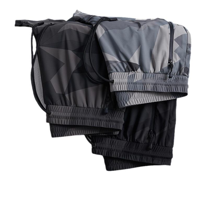 メンズ 9分丈ズボン 迷彩柄 カモフラ 接触冷感 夏 スポーツ レジャー 速乾 伸縮性 軽量 薄手 細脚 テーパード 中腰 ポリエステル 混紡 アウトドア カジュアル アーミーグリーン 黒 ライトグレー