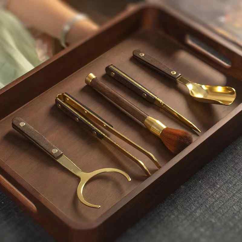 茶道 茶具 六君子 5点セット 黒檀木 鋳鉄 実木 竹製 中式 ディスプレイ アクセサリー ツール 容器 普段..