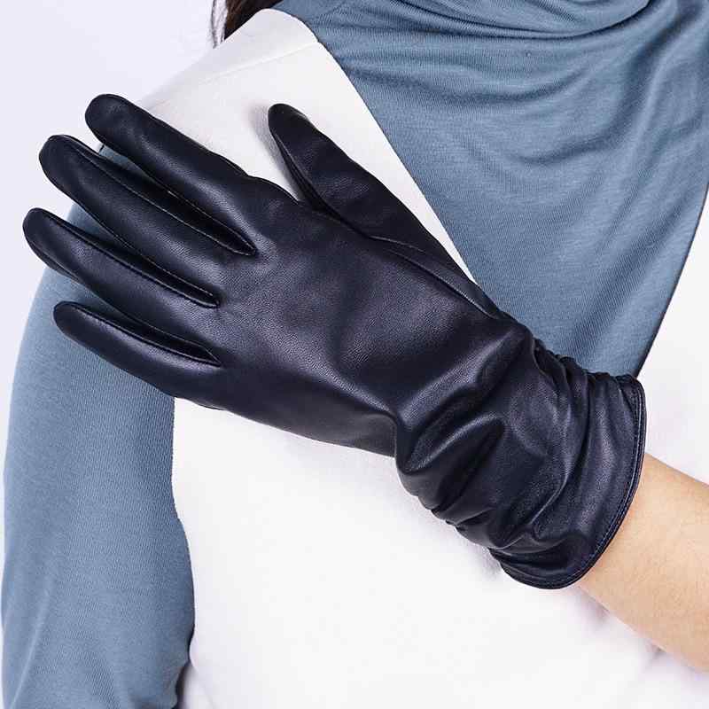 手袋 レディース ロング 羊皮革 秋冬 保暖 厚手 防風 5本指 黒 赤 ブラウン シンプル OL かわいい 光沢加工