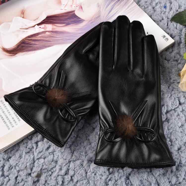 手袋 レディース 合成革 グローブ 秋冬 保温 タッチ対応 蝶結び ファーボール 白 無地 光沢 ファッション サイクリング 普段使い(4)