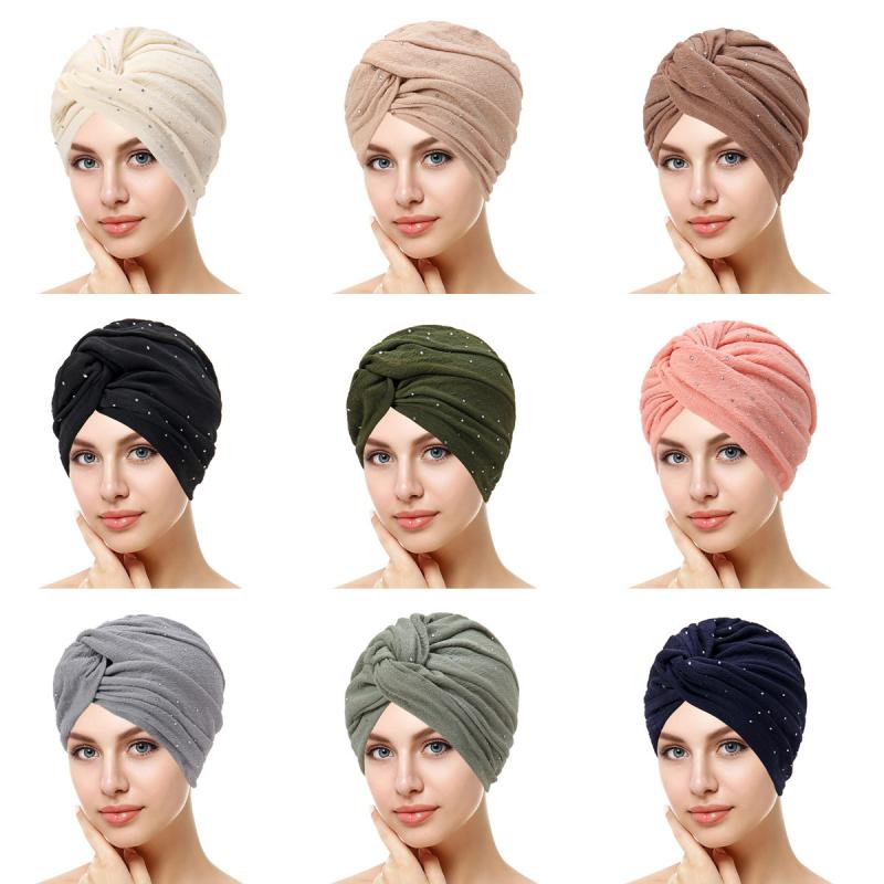 被り帽子 レディース ムスリム ツイスト キラキラ装飾 ポリエステル 薄手 普段使い ミント ネイビー ブ..