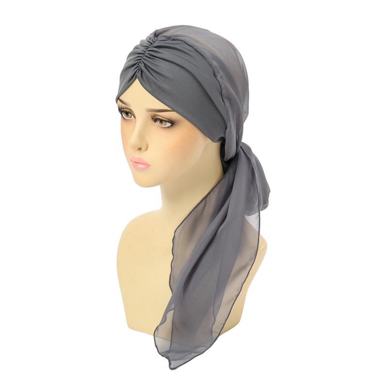 レディース ヘッドスカーフ 帽子 シフォン 無地 前額 プリーツ 大型 テール ポリエステル 白 黒 ピンク..