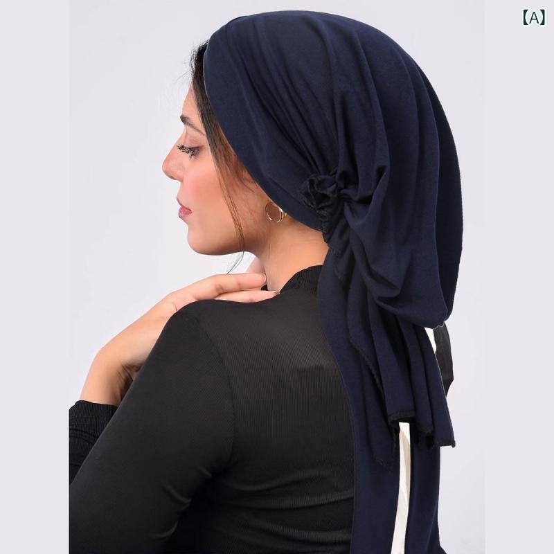 帽子 レディース 化学療法用 頭巾 再生繊維 ポリエステル 単色 長尾 蝶結 リボン 丸型 無つば ネイビー..