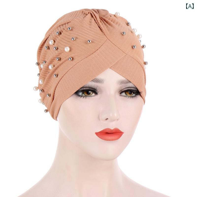 帽子 レディース ムスリム ヘッドスカーフ セット ビーズ 装飾 単色 夏用 普段使い ポリエステル 軽量 ..