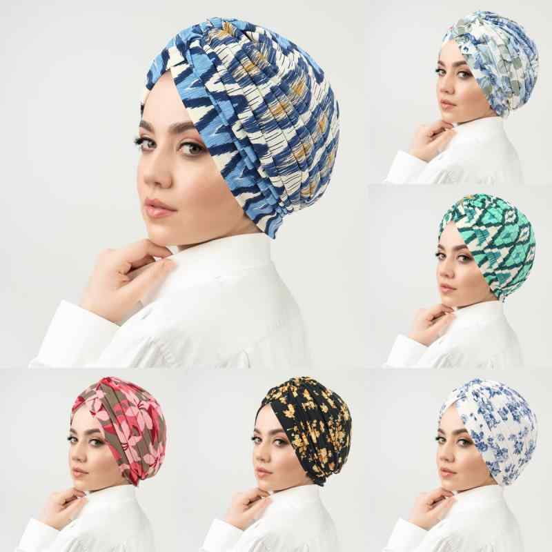 ヘッドスカーフ レディース 花柄 プリーツ ムスリム 包頭帽 ポリエステル 生地 無つば 丸頂 帽子 ブル..