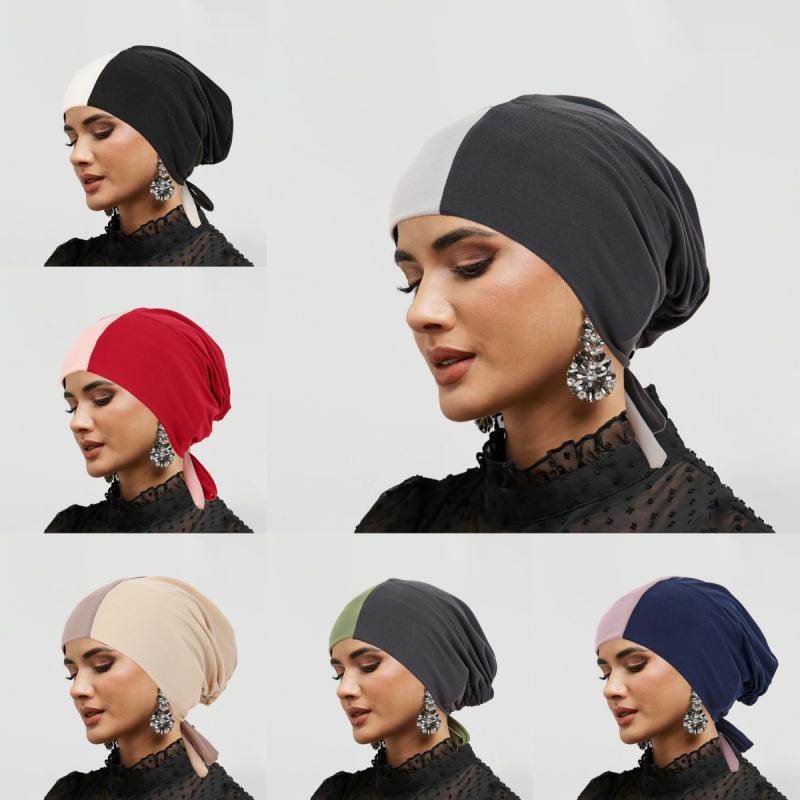 ヘッドラップ帽子 レディース 紐付き ドローストリング 調整 ツーカラー 切り替え 丸頂 無檐 ポリエス..