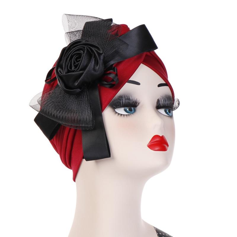 帽子 ヘッドスカーフ 花柄 レース 蝶結び ムスリム イスラム風 夏用 ブラウン ポリエステル 装飾 簡単 ..