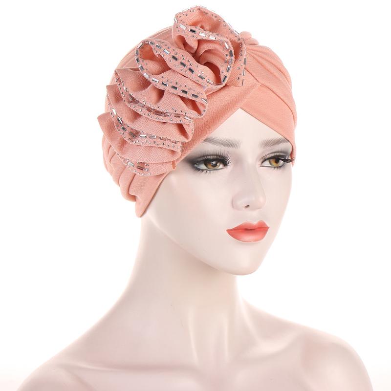 ヘッドスカーフ 花柄 インド風 包頭巾 クリスタル リボン ポリエステル 紺 ピンク 赤 ファッション ヘ..