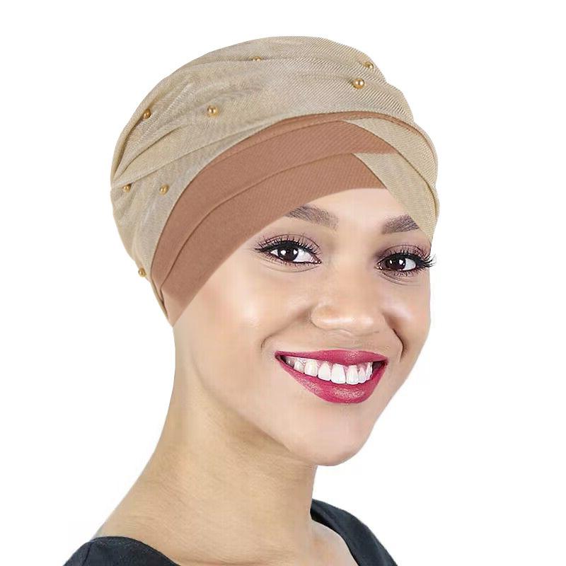 レディース ヘッドスカーフ 巻きつけ帽子 髪隠し ビーズ装飾 光沢 長条 ポリエステル素材 伸縮性 普段..