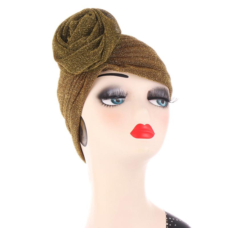 エスニック インド風 ターバン ヘッドスカーフ プリーツ 光沢 ポリエステル バラモチーフ 丸型 無檐 プ..