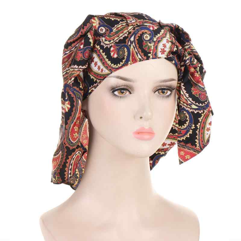 ヘッドスカーフ プリント柄 サテン リボン ロングテール 帽子 ポリエステル 白 黒 ブラウン ファッショ..