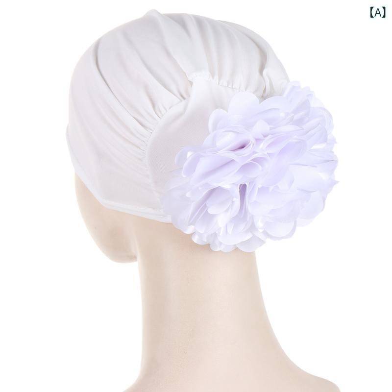 頭巾帽子 ムスリム用 花柄 再生繊維 ポリエステル 白 黒 紺 無檐 丸頂 オールシーズン用 軽量 伸縮性 ..