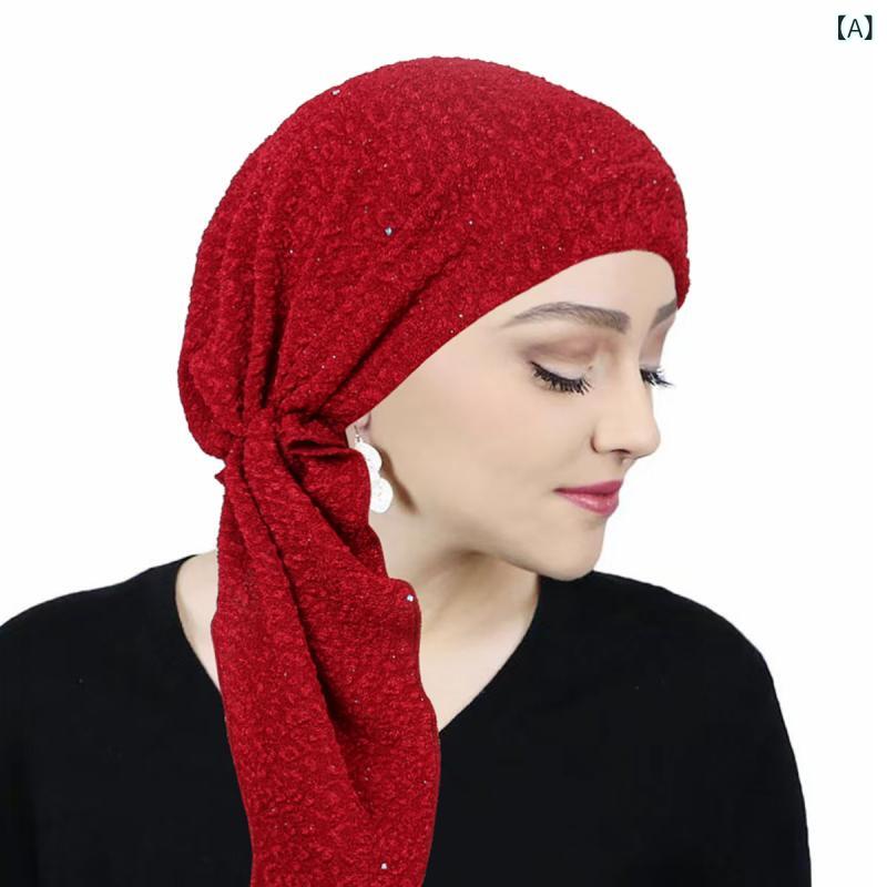レディース ヘッドラップ 帽子 伸縮性 アーチ形 ウェーブ柄 ポリエステル 単色 ワインレッド ピンク ベ..