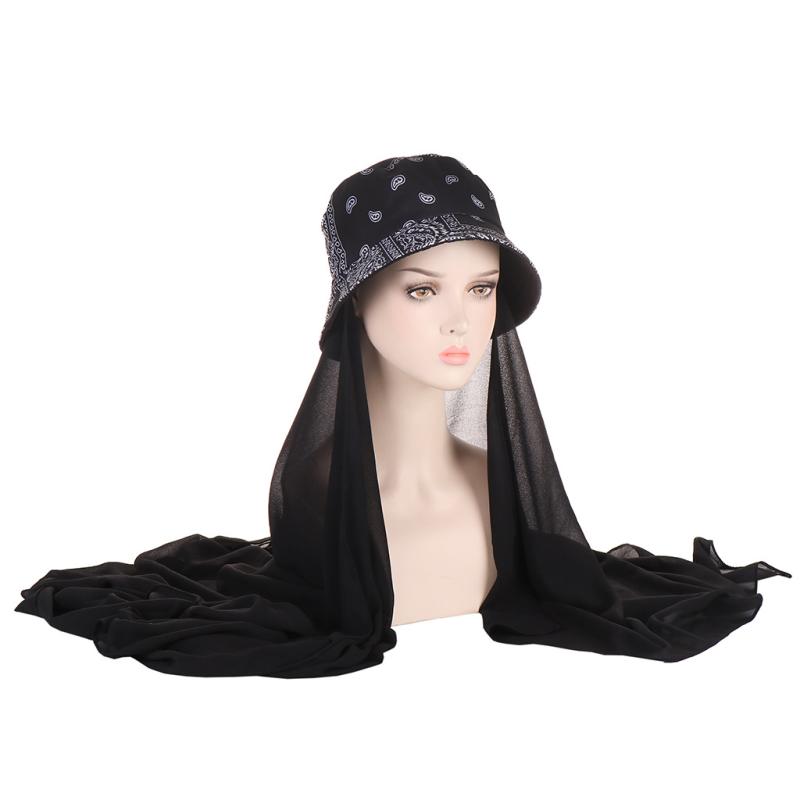 漁師帽 プリント柄 フラットトップ ワイドブリム ポリエステル素材 シフォンスカーフ セット 黒 緑 通..