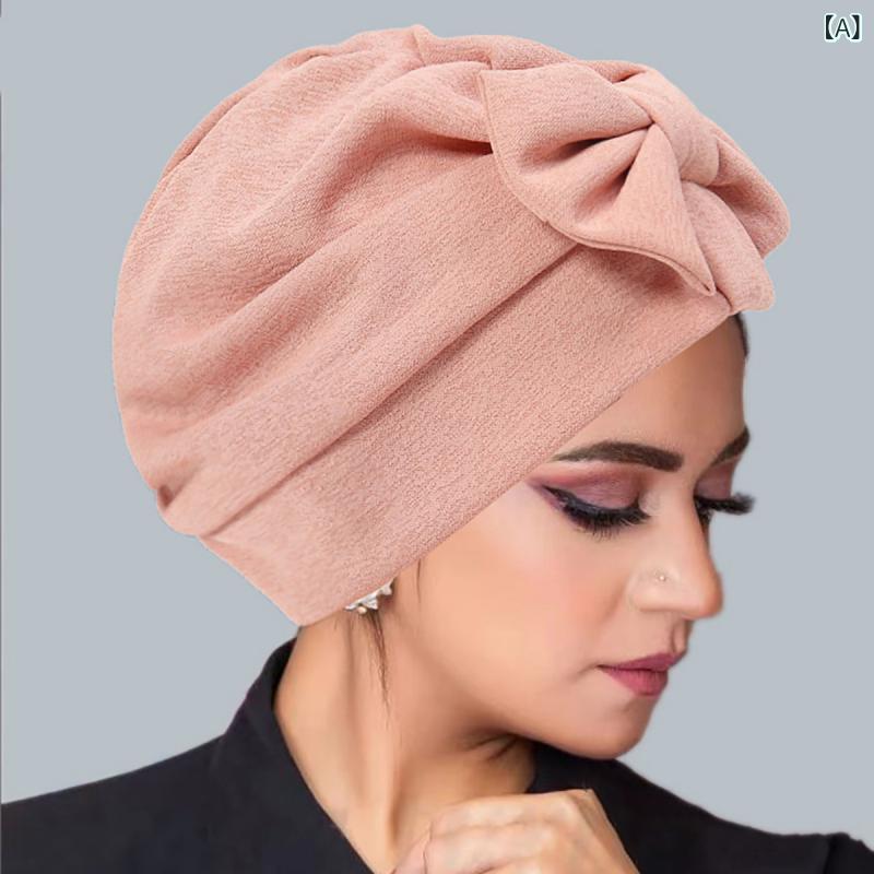 ヘッドスカーフ 包頭巾 蝶結 竹節柄 リネン風 ターバン風 帽子 ポリエステル 丸頂 無檐 ピンク 黒 カー..