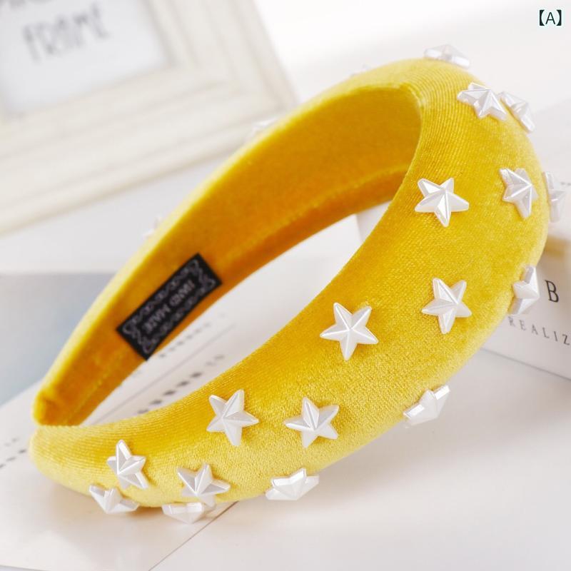 レディース ヘアバンド 星型 幅広 布製 柔らかい 接触冷感 夏用 普段使い 黄 オレンジ ヘアアクセサリ..