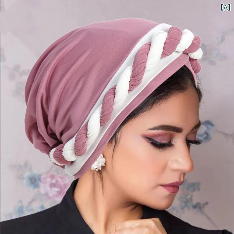 ヘッドスカーフ レディース ツートンカラー 編み込み ムスリム 頭巾 再生繊維 ポリエステル 軽量 伸縮..