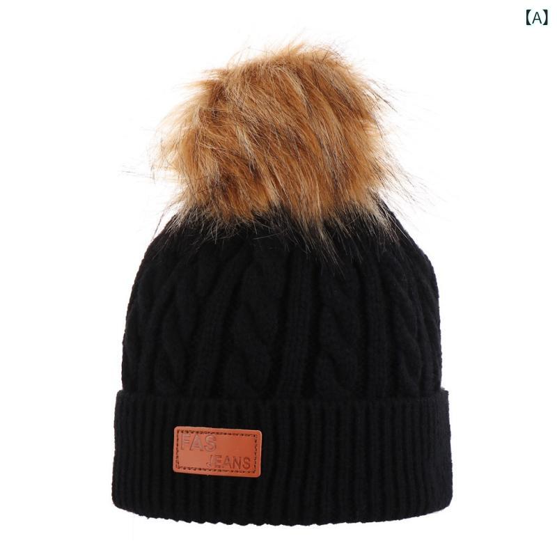 ニット帽 ビーニー 男の子 女の子 秋冬 ポンポン リブ編み 毛糸 裏地 フリース 厚手 アウトドア用 保温..