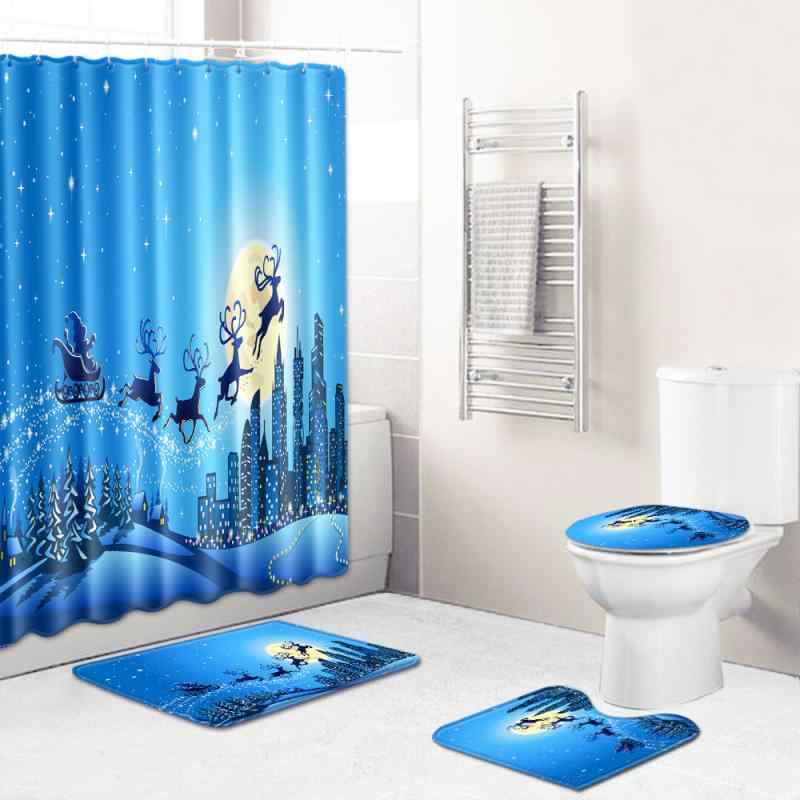 浴室 冬 クリスマス柄 シャワーカーテン 浴室マット トイレカバー 足マット ポリエステル繊維 家用 長方形 4点セット