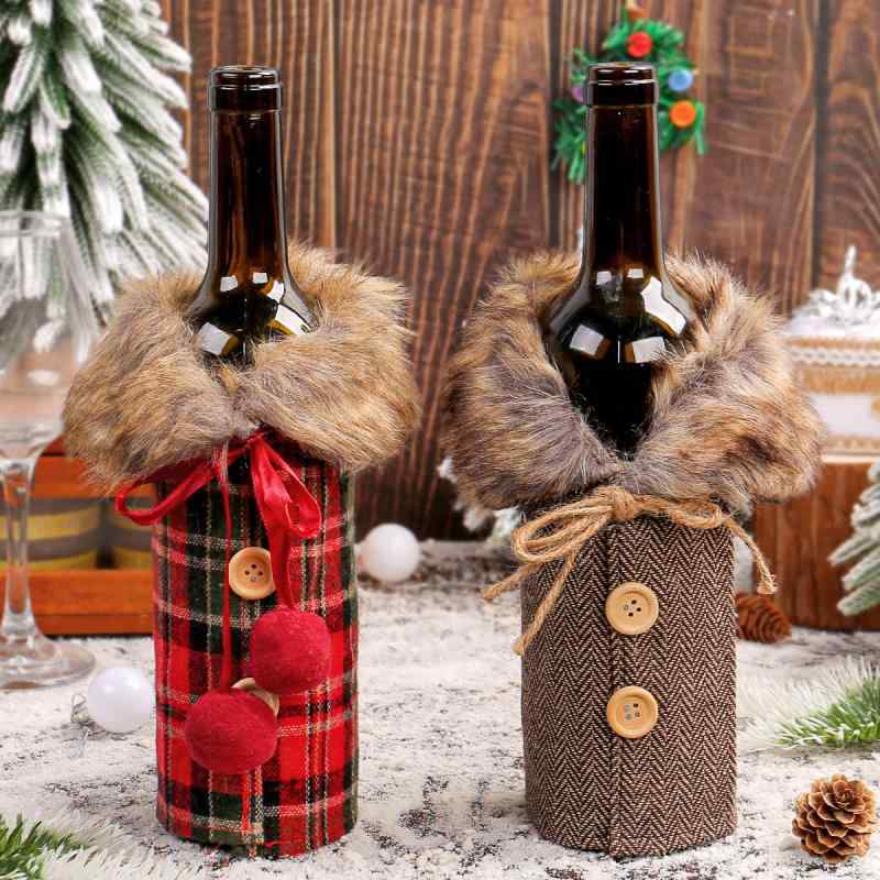 クリスマス ボトルカバー ワインケース 食卓飾り ふわふわ モコモコ フリース チェック柄 ドレス型 ミ..