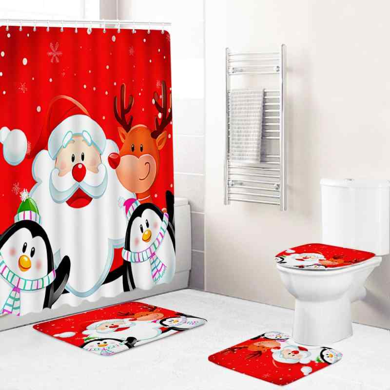 シャワーカーテン クリスマス柄 浴室 トイレ 4点セット 敷物 足元カバー 足拭き 滑り止め 吸水 速乾 洗える 防カビ 抗菌 おしゃれ 高密度 耐久性 インテリア