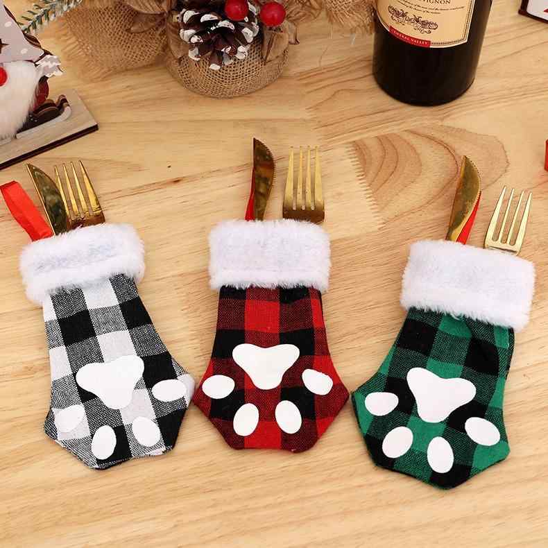 クリスマス カトラリーカバー ミニ 猫の爪 チェック柄 布製 テーブル装飾品 かわいい 食卓飾り パーテ..