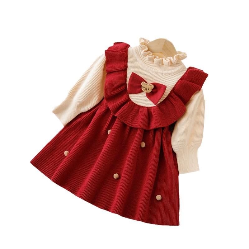 ニットワンピース 女の子 ベビー キッズ 赤 プリンセスドレス クリスマス お祝い 誕生日 発表会 フォーマル セレモニー かわいい 秋冬