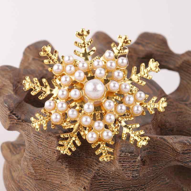ブローチ レディース パール付き 雪の結晶 スノーフレーク クリスマス ホリデー 多層 金 ゴールドカラ..