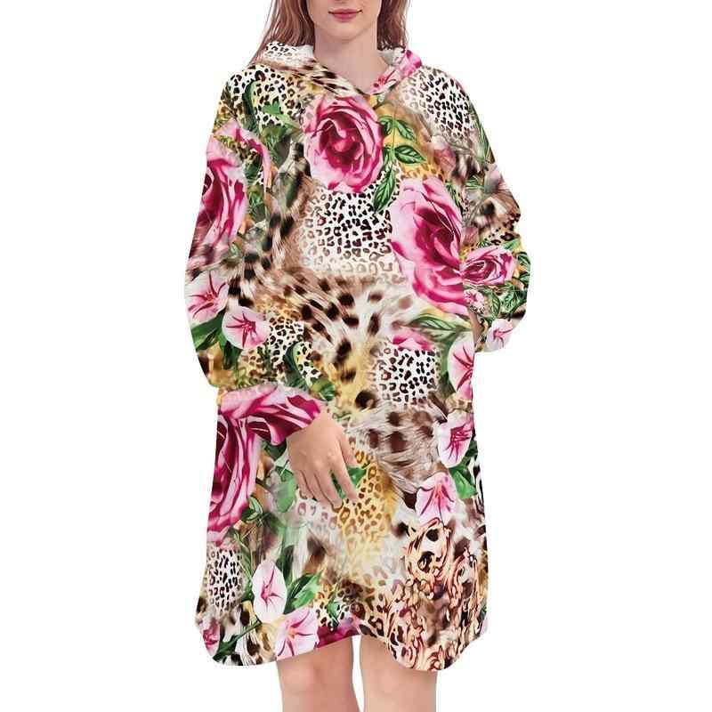 レディース ブランケット フーディ 小花柄 プリント フランネル 部屋着 長袖 Vネック ルーズ ロング丈 ..