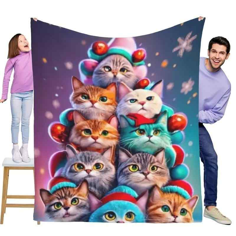 毛布 クリスマス 猫 ツリー プリント フランネル 温か 快適 ベッド ソファ リビング オフィス 昼寝用 ..