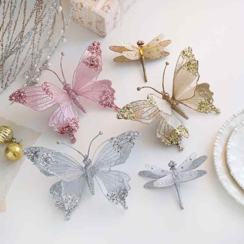 クリスマス ヘアクリップ 蝶 トンボ パール 装飾 掛け 銀 ピンク 金 プラスチック 網目 フラッシュパウ..