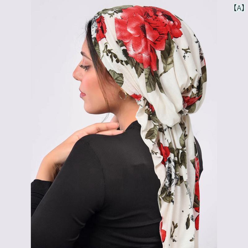 帽子 レディース 花柄 ヘッドスカーフ 弧形 テール 付き プリント ムスリム スタイル シンプル ポリエ..