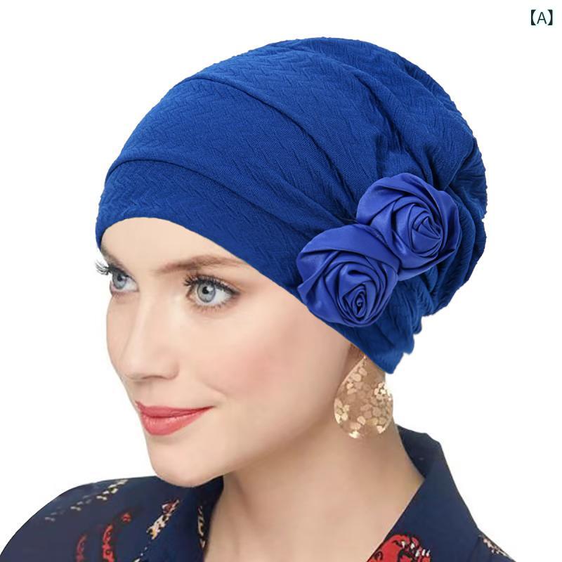 ヘッドスカーフ かぶり帽子 プリーツ 民族風 花付き セットアップ ポリエステル 軽量 オールシーズン用..