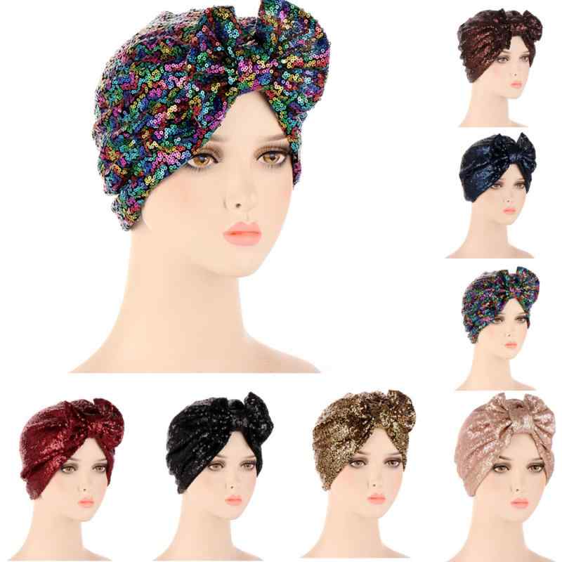 帽子 ムスリム 頭巾 インド風 ターバン ヘッドスカーフ 蝶結び スパンコール 単色 ポリエステル 女性 ..