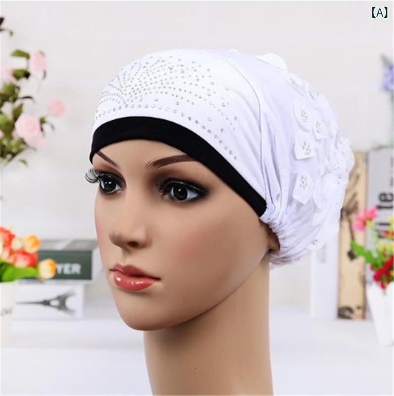 帽子 レディース ニット帽 ヘッドカバー 綿素材 タイダイ加工 ラインストーン 花柄 切り替え 小帽 調整..