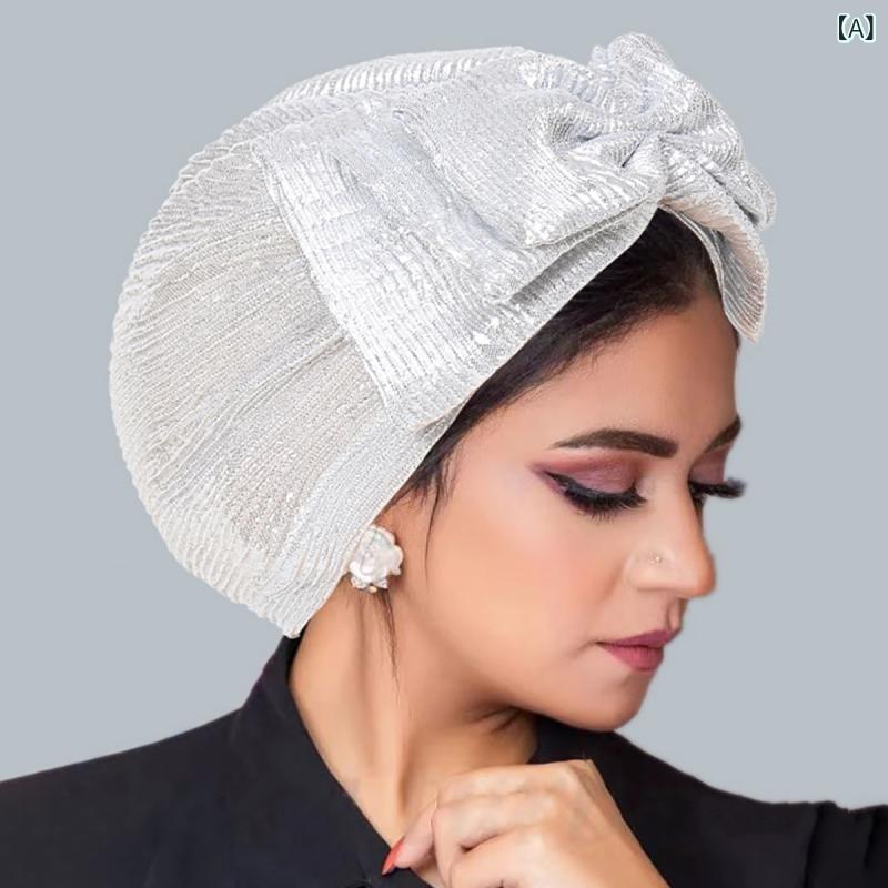 レディース 帽子 単色 光沢 ポリエステル しわ加工 蝶結び ビーニー ヘッドスカーフ ファッション 丸頂..