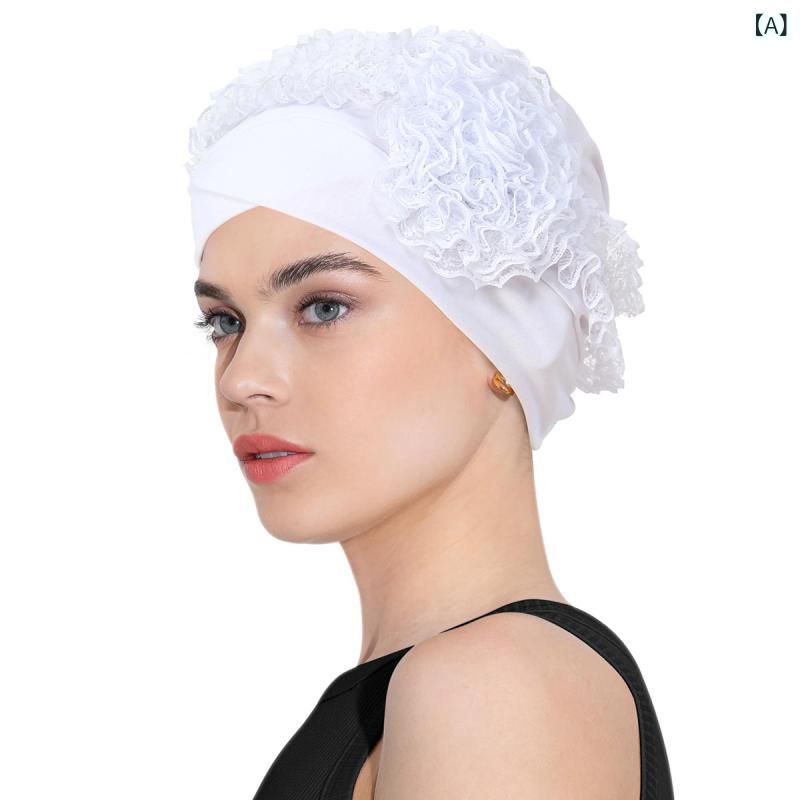 頭巾帽 メンズ レディース クロス レース花付き 単色 ポリエステル 無つば 丸頂 白 黒 紺 ヘッドラップ..