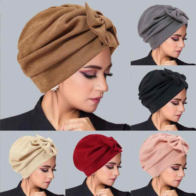 レディース ヘッドスカーフ ターバン ヘッドラップ 蝶結び リボン 無地 竹節 麻風 ポリエステル 軽量素..