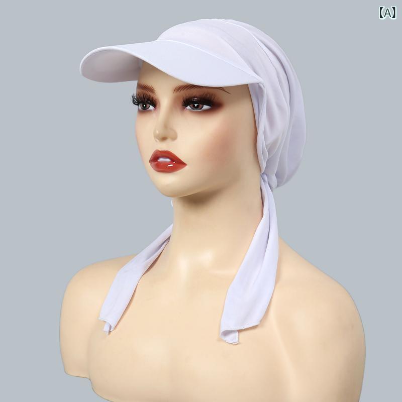 帽子 レディース ヘッドスカーフ プリーツ つば リボン 紐付き 接触冷感 ポリエステル 白 黒 グレー フ..